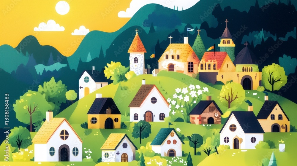 Naklejka premium Charming Medieval Village Illustration Fantasy Town Hilltop Homes Fairytale Setting Co