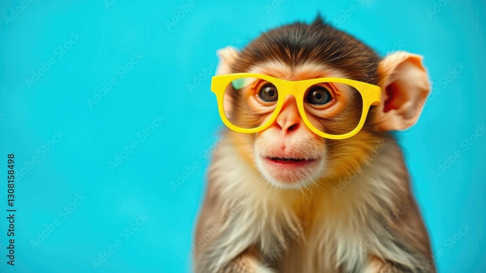 Happy monkey sitting in front of a colorful turquoise backdrop with bright yellow glasses, happy monkey, fun and playful atmosphere Happy monkey sitting in front of a colorful turquoise backdrop with bright yellow glasses, happy monkey, fun and playful atmosphere