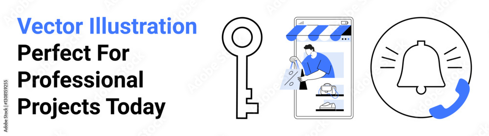 Key, smartphone with a web store, bell icon, and phone receiver represent security, digital services, notifications, and communication. Ideal for business, e-commerce marketing security Key, smartphone with a web store, bell icon, and phone receiver represent security, digital services, notifications, and communication. Ideal for business, e-commerce marketing security