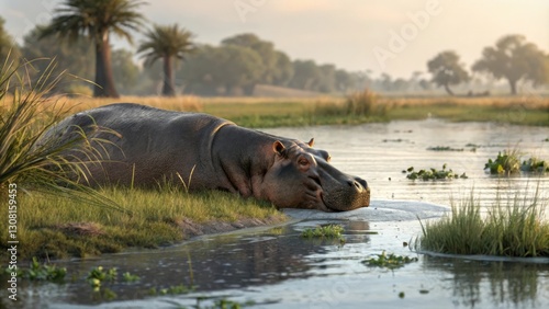 Hippo resting on its side with its legs folded under its body in the shallow waters of the Okavango Delta, water, leg, resting hippo, habitat photo