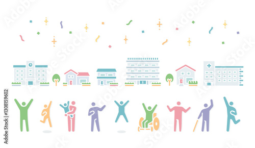 Simple icon illustration of city and people