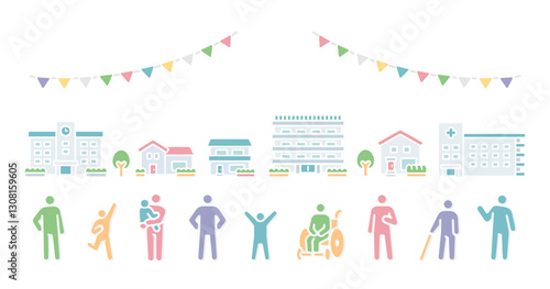 Simple icon illustration of city and people
