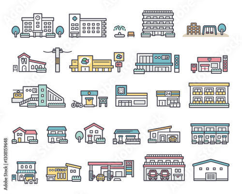 Multiple illustrations of facilities and buildings in the city