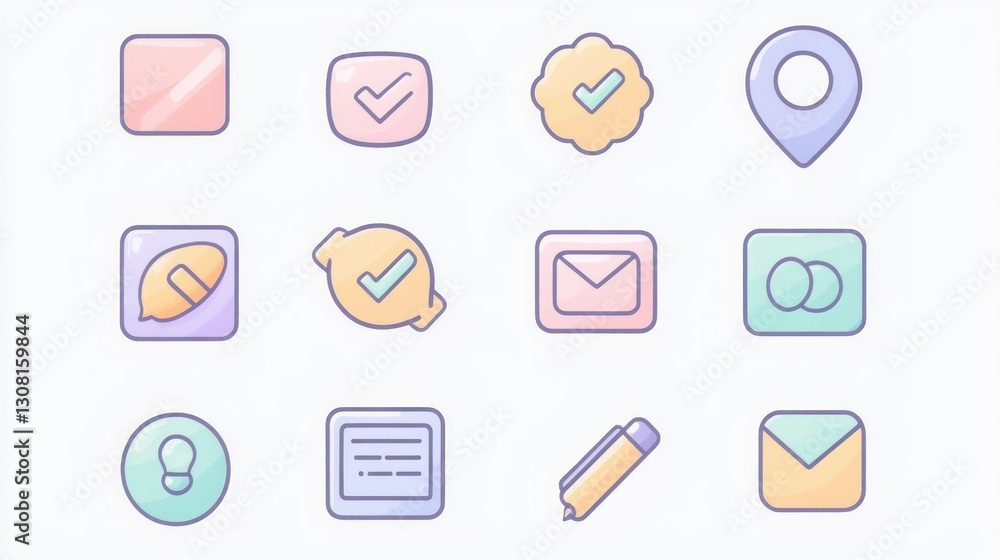 A pastel-colored flat icon collection, creating a friendly and approachable business aesthetic. A pastel-colored flat icon collection, creating a friendly and approachable business aesthetic.