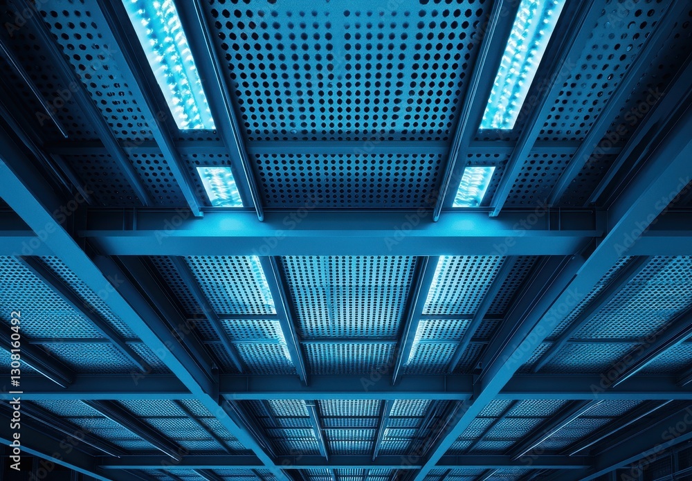 Industrial Ceiling with Blue LED Lights and Metal Grating, Modern Architecture for Contemporary Spaces and Innovative Design Concepts Industrial Ceiling with Blue LED Lights and Metal Grating, Modern Architecture for Contemporary Spaces and Innovative Design Concepts