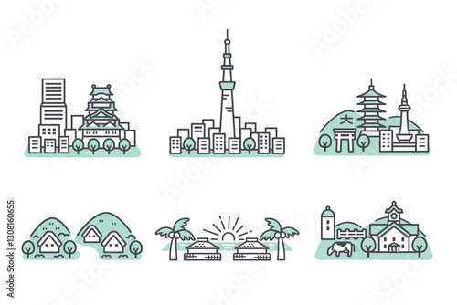 Japanese tourist destination design illustration set