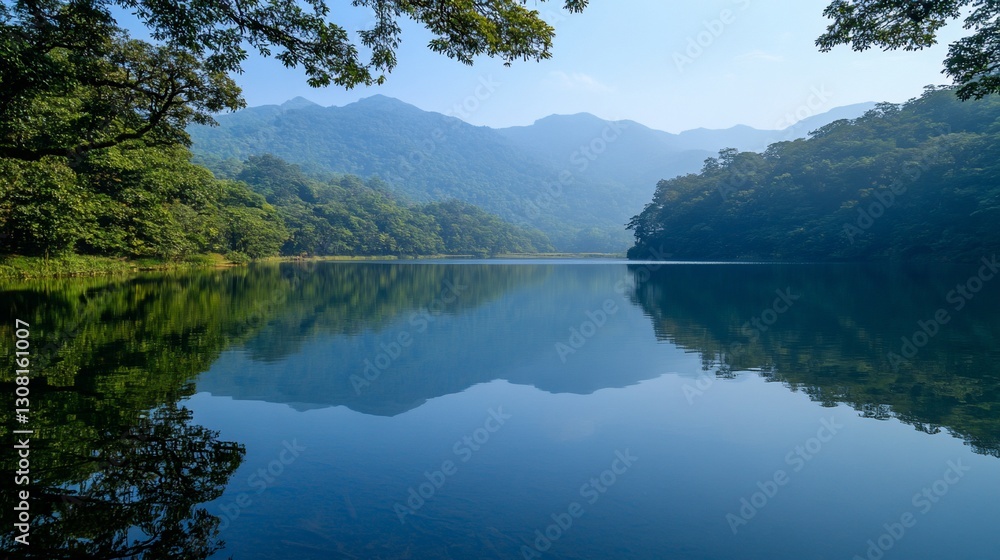 Serene Lake Reflections, A Tranquil Mountain Landscape on a Sunny Day Serene Lake Reflections, A Tranquil Mountain Landscape on a Sunny Day