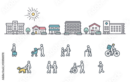 City facilities, buildings and people walking