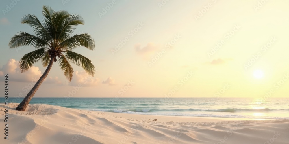 Serene Sunset Scene Lone Palm Tree on Pristine Sandy Beach with Gentle Ocean Waves Serene Sunset Scene Lone Palm Tree on Pristine Sandy Beach with Gentle Ocean Waves