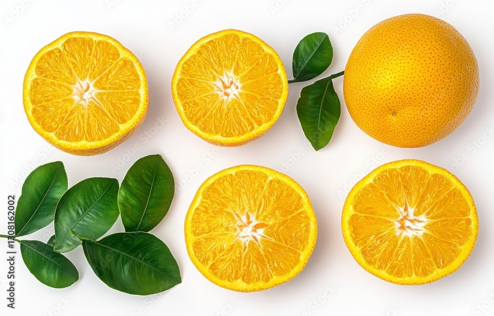 Fototapeta premium Fresh Oranges and Slices with Green Leaves on White Background