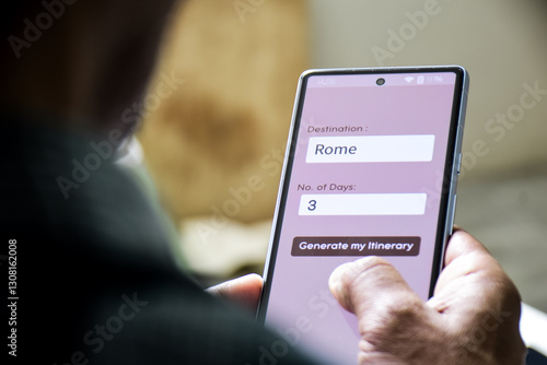 Man using artificial intelligence mobile applications for vacation planning. Concept of generating an itinerary for three days to visit Rome. Selective focus.