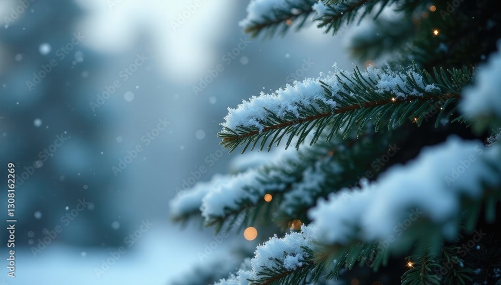 Intricate snowflakes cling to the branches of a majestic Christmas tree, frozen nature, tall tree, cold weather Intricate snowflakes cling to the branches of a majestic Christmas tree, frozen nature, tall tree, cold weather