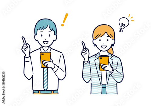 スマホを持って案内をするビジネスパーソンのイラスト