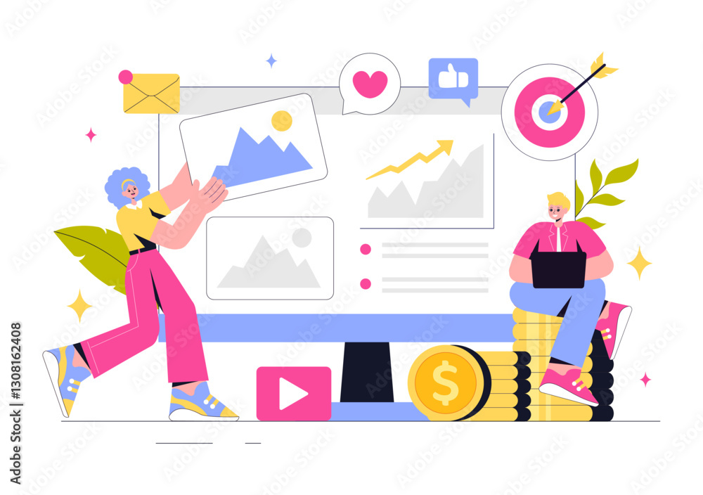 Digital Online Marketing Vector Illustration Featuring Business Analysis, Content Strategy, Ad Targeting, and Management in a Flat Cartoon Background Digital Online Marketing Vector Illustration Featuring Business Analysis, Content Strategy, Ad Targeting, and Management in a Flat Cartoon Background