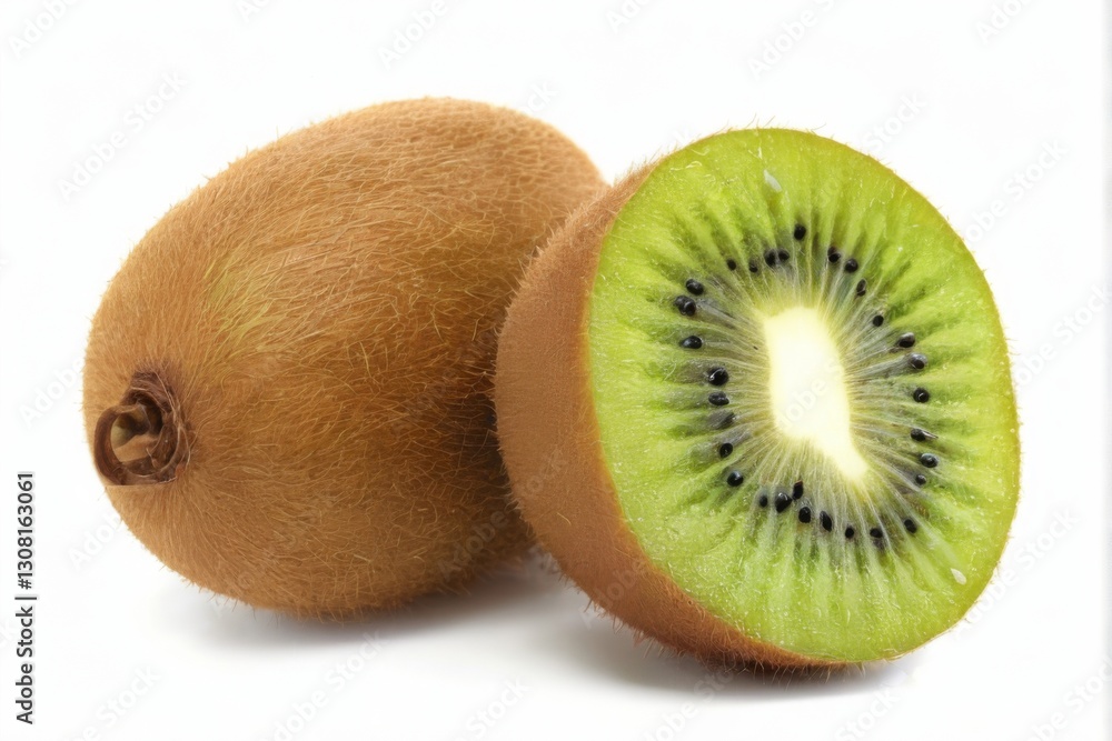 Obraz premium Kiwi fruits arrangement on white background, one whole and one cut, showcasing brown skin, green flesh, and black seeds.