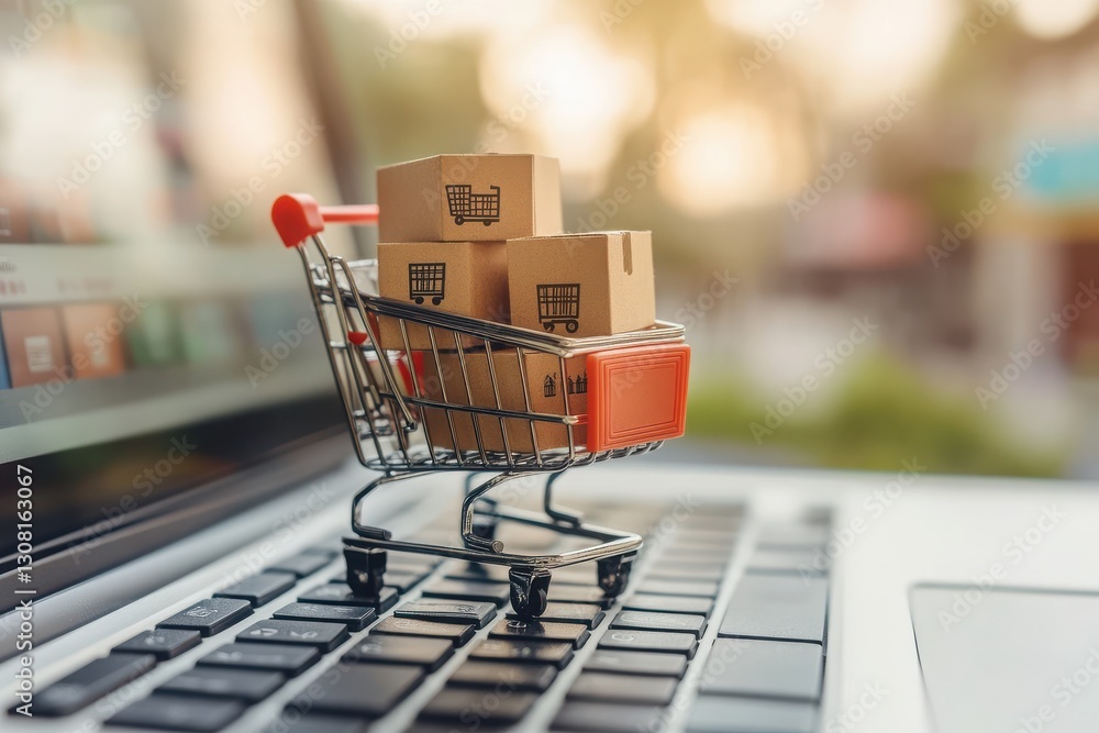 Shopping Cart with Cardboard Boxes on Laptop Keyboard Close-Up Shopping Cart with Cardboard Boxes on Laptop Keyboard Close-Up