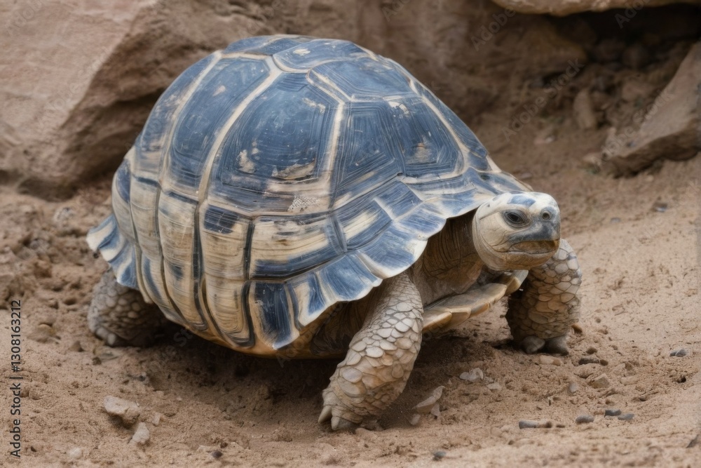Tortoise eating grass in sandy enclosure with striped shell design, facing right in outdoor setting with blurred background.
