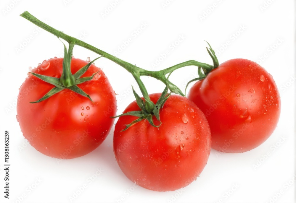 Red tomatoes with water droplets in triangular arrangement on white background Red tomatoes with water droplets in triangular arrangement on white background