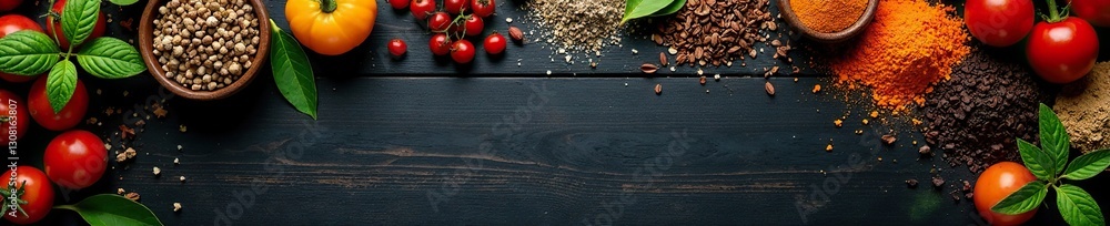 Naklejka premium Black wooden surface, assorted dried herbs & spices , detail, dill weed, flavor