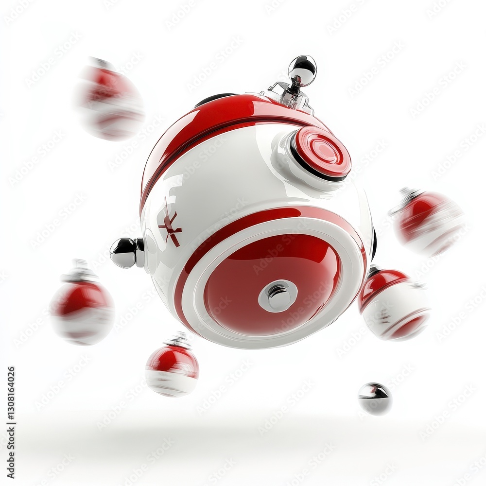 Obraz premium 3D illustration of futuristic spherical device with glossy finish, surrounded by smaller similar objects, creating dynamic and playful atmosphere