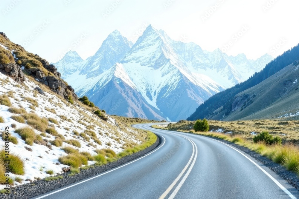 Asphalt ribbon winding through a pristine alpine landscape, snow dusted hillsides flanking a scenic mountain pass road Asphalt ribbon winding through a pristine alpine landscape, snow dusted hillsides flanking a scenic mountain pass road
