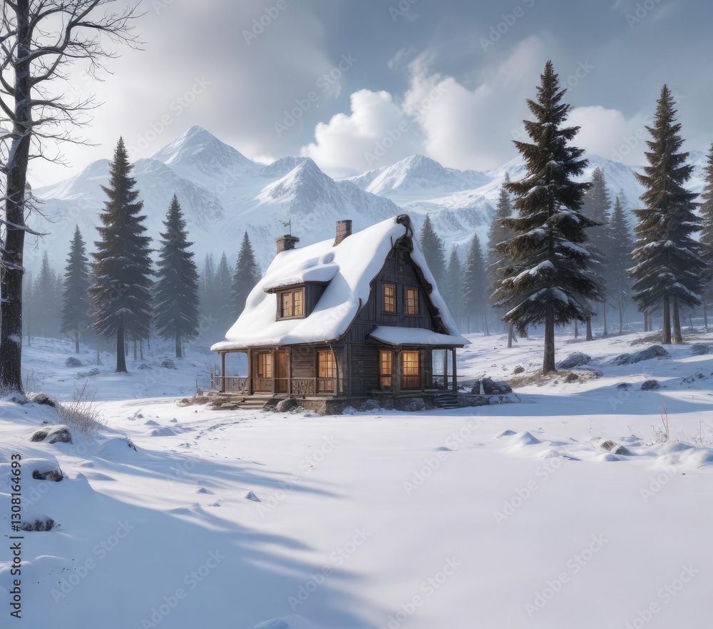 Isolated house in winter landscape, snow-covered, rural isolation, silence Isolated house in winter landscape, snow-covered, rural isolation, silence