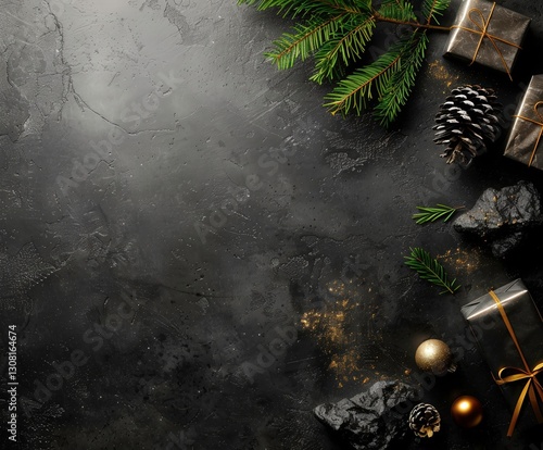 Elegant black background with gold accents, pine branches, and gifts