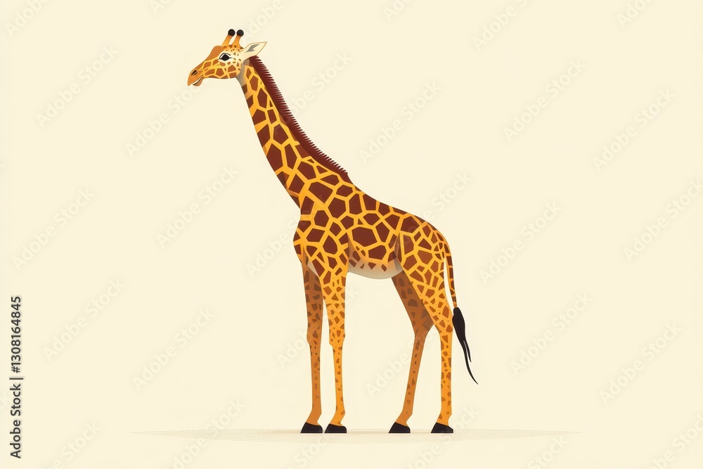 Naklejka premium Illustrated Giraffe Standing Tall in Minimalistic Style Against a Solid Light Background with Detailed Pattern and Gentle Color Tones
