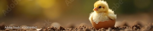 A newly hatched chick emerging from its eggshell; downy feathers visible , natural, organic, animal life
