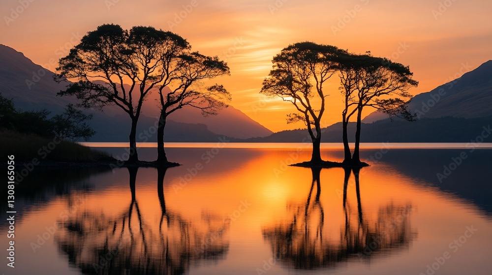 Scenic Lake Landscape with Silhouetted Trees at Sunset in Scotland Scenic Lake Landscape with Silhouetted Trees at Sunset in Scotland
