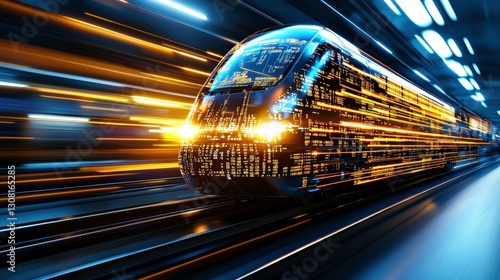 high speed train moves swiftly through tunnel, creating dynamic blur of lights and colors, symbolizing speed and technology