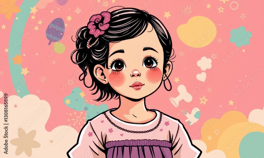 Charming Illustration of a Young Girl with Floral Hair Accessory in a Whimsical Fantasy Background of Stars and Clouds with Playful Pastels Charming Illustration of a Young Girl with Floral Hair Accessory in a Whimsical Fantasy Background of Stars and Clouds with Playful Pastels