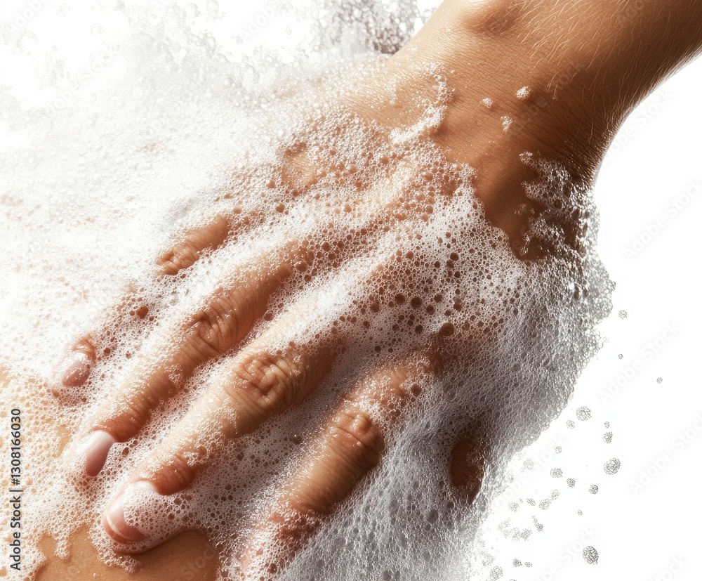 Fototapeta premium close up of hand scrubbing with soap bubbles, conveying cleanliness and care
