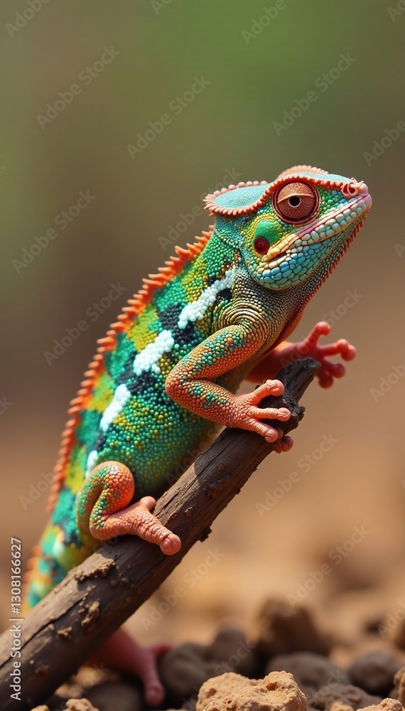 Fototapeta premium Chameleon camouflaged on dry twigs, arid landscape, texture, brown, reptile