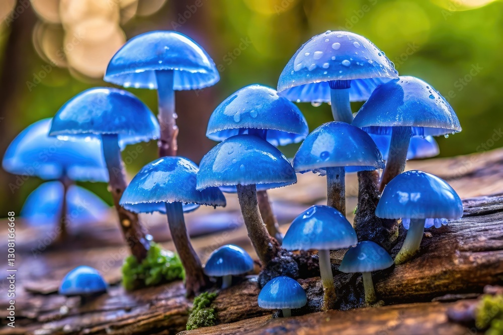 Large periwinkle-blue mushrooms growing in a cluster on a decaying log, with droplets of slime oozing from the caps, periwinkle, earthy, log Large periwinkle-blue mushrooms growing in a cluster on a decaying log, with droplets of slime oozing from the caps, periwinkle, earthy, log