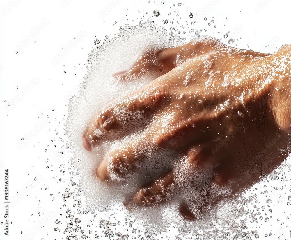 Fototapeta premium hand vigorously scrubbing with soap, creating bubbles and splashes