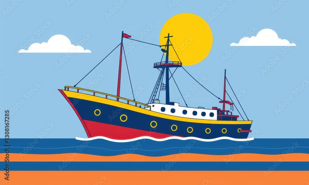 Illustrated Nautical Scene: Colorful Ship on the Ocean Waves Under a Bright Sun with a Clear Blue Sky and White Clouds in the Background Illustrated Nautical Scene: Colorful Ship on the Ocean Waves Under a Bright Sun with a Clear Blue Sky and White Clouds in the Background