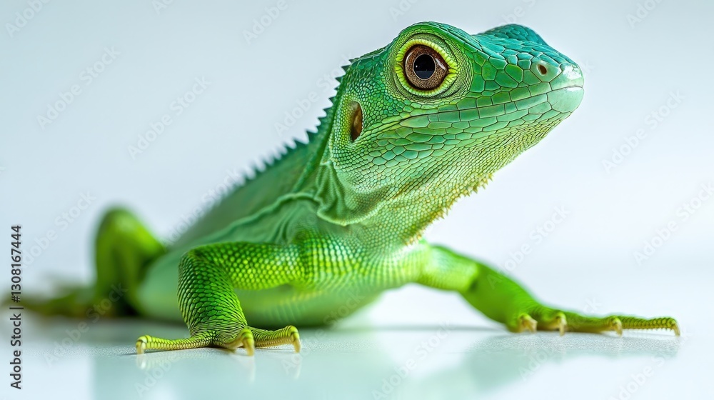 Fototapeta premium A vibrant green lizard lounges gracefully on a pristine white backdrop, its head subtly cocked and eyes full of curiosity, embodying a moment of serene stillness