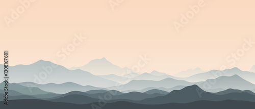 Minimalistic mountain landscape, morning light, vector illustration, panoramic view