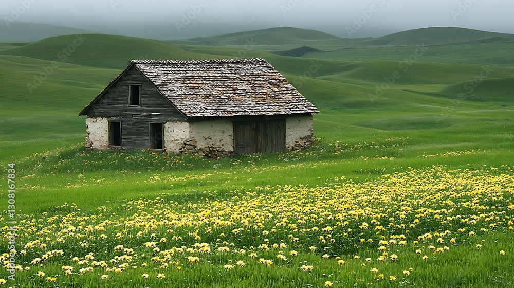 Fototapeta premium An Old Rustic Barn Sitting Among Green Rolling Hills