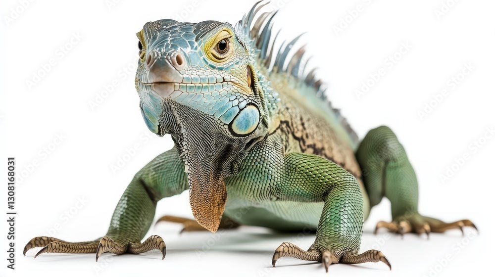 Obraz premium Vivid close-up of a green iguana's head and neck, azure scales shimmer as it gazes rightward, capturing intricate textures in natural hues