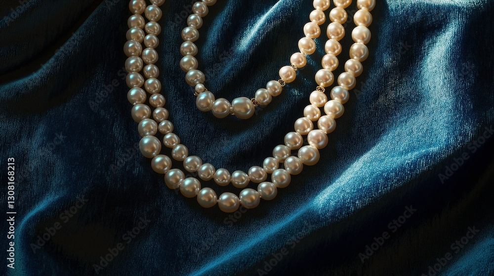 Fototapeta premium Elegant vintage pearl necklace displayed on dark satin fabric background, showcasing its timeless beauty and classic design