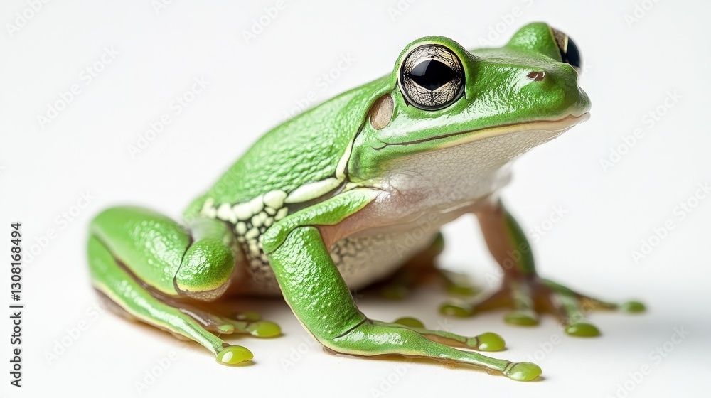 Light green tree frog faces right, tilting its head left; close-up reveals intricate details on its luminous skin and vibrant eyes, capturing nature's subtle elegance. (200 characters) Light green tree frog faces right, tilting its head left; close-up reveals intricate details on its luminous skin and vibrant eyes, capturing nature's subtle elegance. (200 characters)