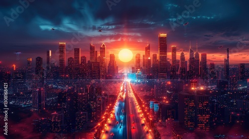 Wallpaper Mural futuristic cityscape at sunset, showcasing towering skyscrapers and vibrant lights. scene evokes sense of wonder and innovation Torontodigital.ca