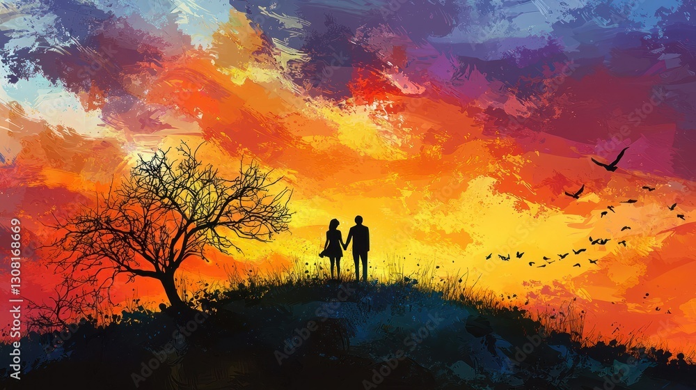 Fototapeta premium A romantic silhouette of a couple standing on a hill, with the sunset painting the sky in warm colors.