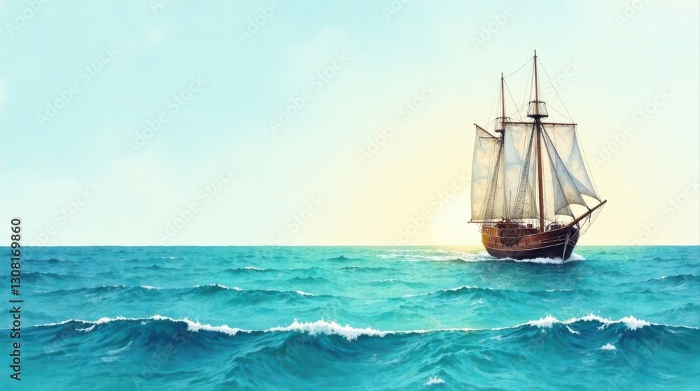 A Majestic Sailing Vessel Navigates the Azure Ocean Under a Serene Sky A Majestic Sailing Vessel Navigates the Azure Ocean Under a Serene Sky