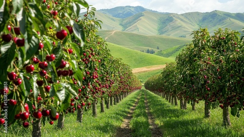 A scenic orchard with cherries on trees, surrounded by rolling green hills.