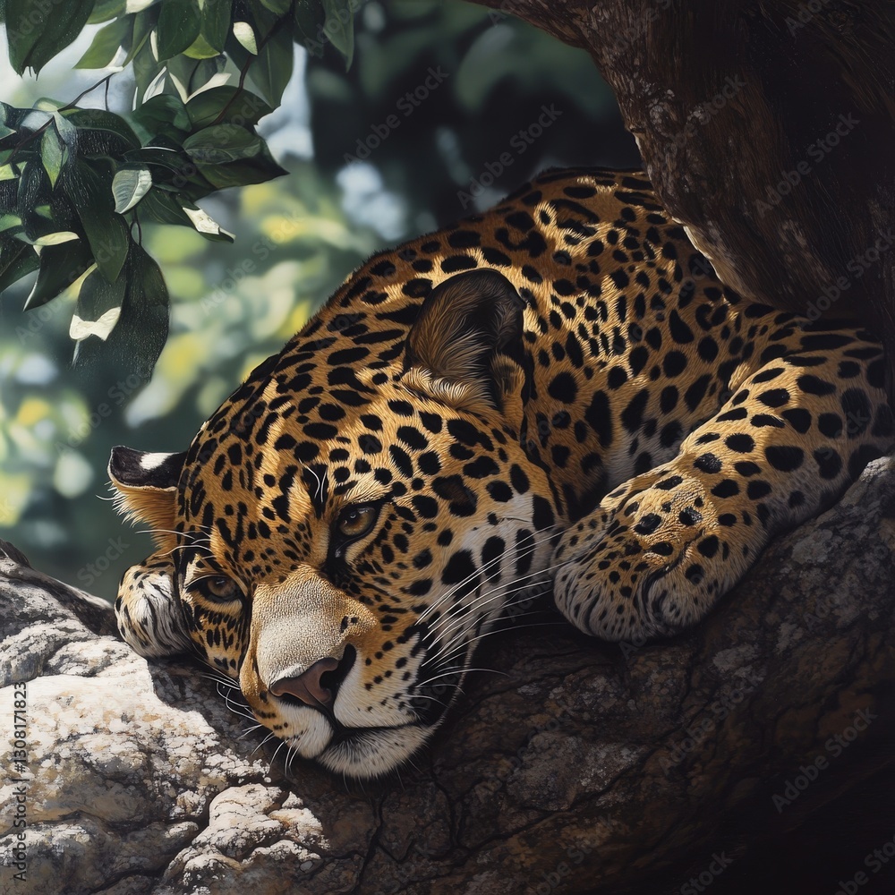 Fototapeta premium A vivid oil painting captures a serene jaguar perched on a tree branch, its fur intricately detailed with lifelike realism. Eyes locked onto the viewer, it exudes a mesmerizing presence against a vibr