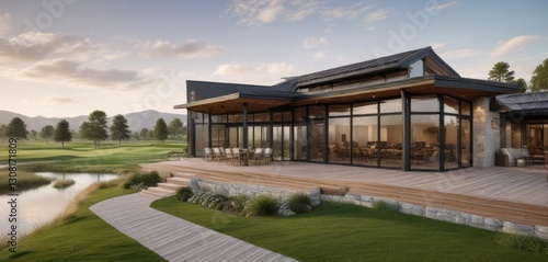 Modern clubhouse with expansive deck overlooking golf course, glass railing, golf course view