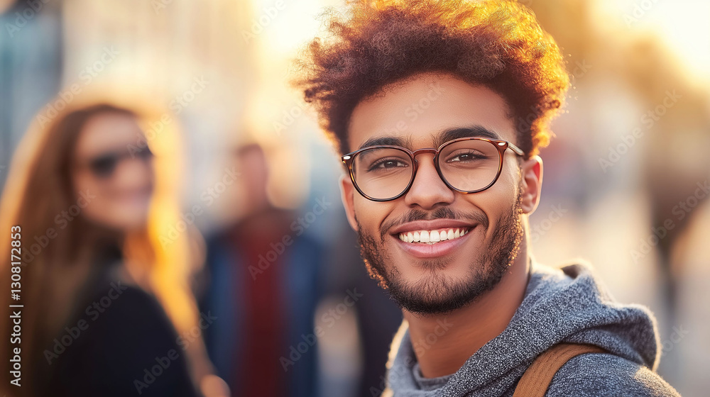 Latin student, with curly hair, wearing glasses, smiling on the street, blurred background Latin student, with curly hair, wearing glasses, smiling on the street, blurred background